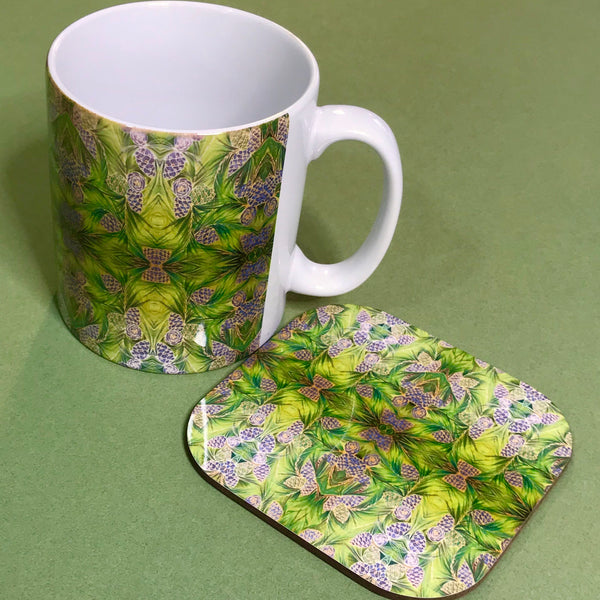 Moss Green Pine Cone Mug and Coasters - Green Mug Set - Kaleidoscope Pine Cones Mug Gift