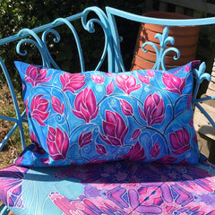 Pink Magnolias Showerproof Cushion - Showerproof Canvas Garden Textiles - pink and sky blue cushion