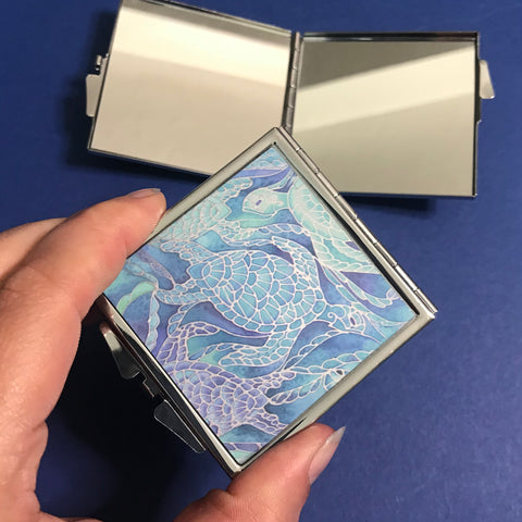 Blue Aqua Turtles Pocket Mirror - Sea Life Handbag Mirror - Gift for Her
