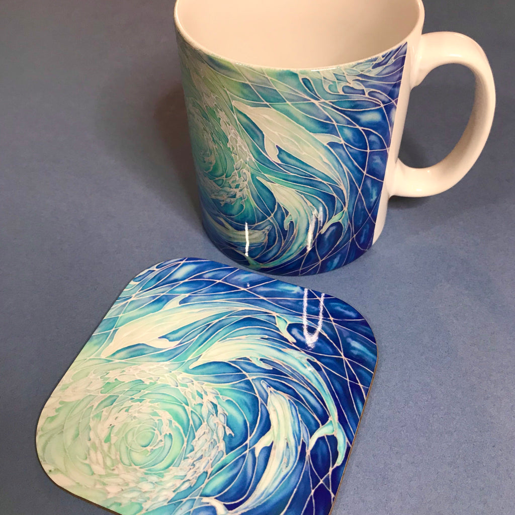 Swirling Dolphins Mug and Coaster - Blue Turquoise Mug Set - Mug Gift