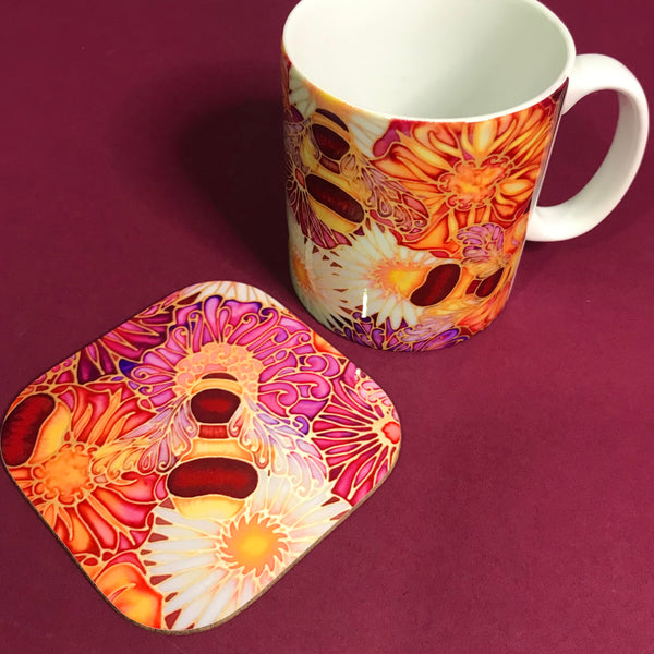 Bees and Flowers Mug and Coaster Set - Golden Bumble Bees Mug Gift - Plum Gold Flowers and Bee Gift