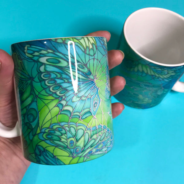Pretty Green Butterfly mug and coaster box set or Mug only - Minty Green Mug Set - Butterfly Mug Gift
