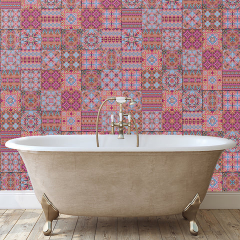 Pink Sunset Inspired Set of 50 Ceramic Tiles - Bohemian Blue Pink and Gold Warm Gentle Kitchen Bathroom Tiles