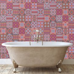 Pink Sunset Inspired Set of 50 Ceramic Tiles - Bohemian Blue Pink and Gold Warm Gentle Kitchen Bathroom Tiles