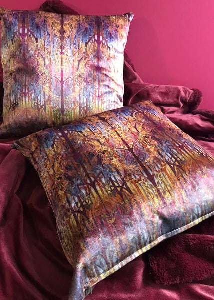 Autumn Whispers Trees Luxury Velvet Cushion- Contemporary Russet Beaujolais Terracotta Grey Throw Pillow - Luxury Velvet Cushion