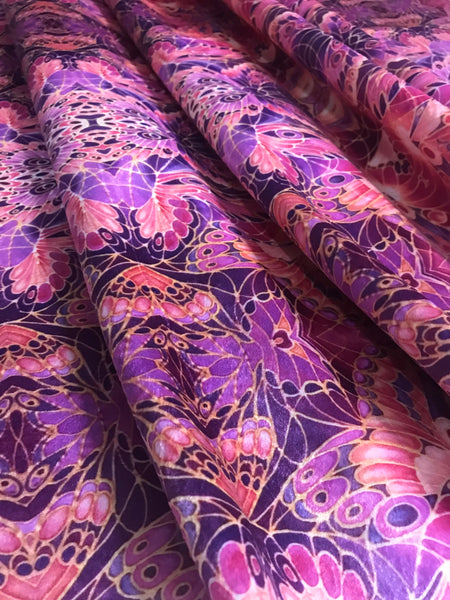 Pink Plum Purple Peach Butterfly Designer Luxury Velvet fabric for curtains, upholstery and soft furnishings