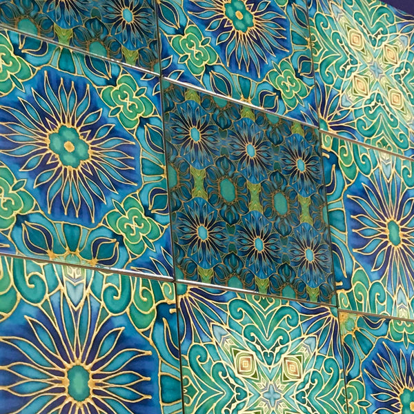 Teal Blooms Mixed Tile Set - Emerald, Blue, Jade  Gold Tiles - Beautiful Tile - Bohemian Tiles