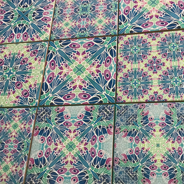 Butterfly Sherbet Mixed Set of 20 Ceramic Tiles - Bohemian Blue Pink and Mint Gentle Bohemian Kitchen Tiles