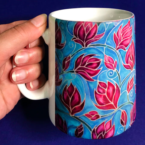 Magnolias mug and coaster box set or mug only In Sky Blue and Pink colours