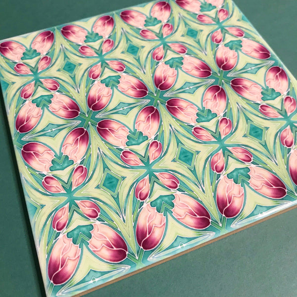 Nouveau Pink Tulips Tiles. Arts and Crafts look Bathroom Tiles or Kitchen Tiles