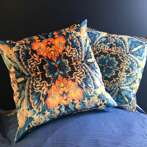 Contemporary Grey Blue Orange Velvet Cushions - Dramatic Moth Kaleidoscope Design Luxury Velvet Cushions