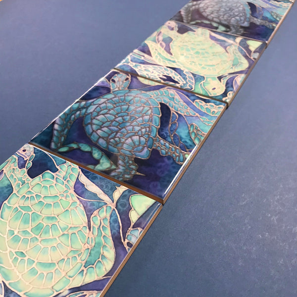 Blue Aqua Turtle Mix Small 4.25” Square Tiles -  Ceramic Bathroom Kitchen Hand Printed Tiles