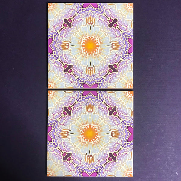 Pretty Stylised Daisy Tiles - Creamy White and Plum Bohemian Ceramic Printed Tiles