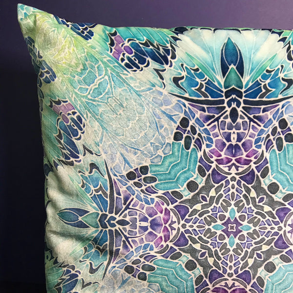 Pretty And Cool Mint Green Blue Purple Teal Velvet Cushions - Dramatic Butterfly Kaleidoscope Design Luxury Velvet Cushions