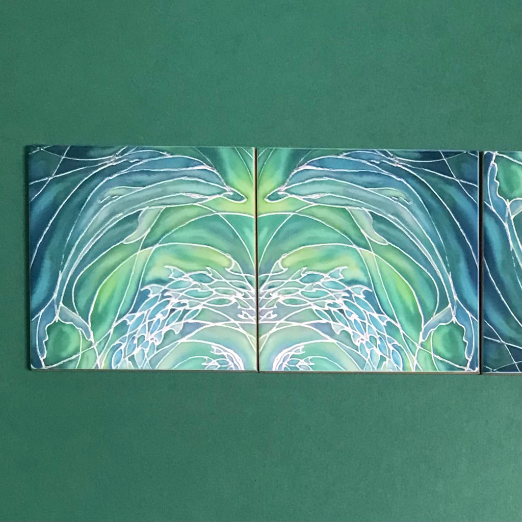 Sea Green Dolphins Small 4.25” Square Tiles -  Green Ceramic Bathroom Kitchen Hand Printed Tiles
