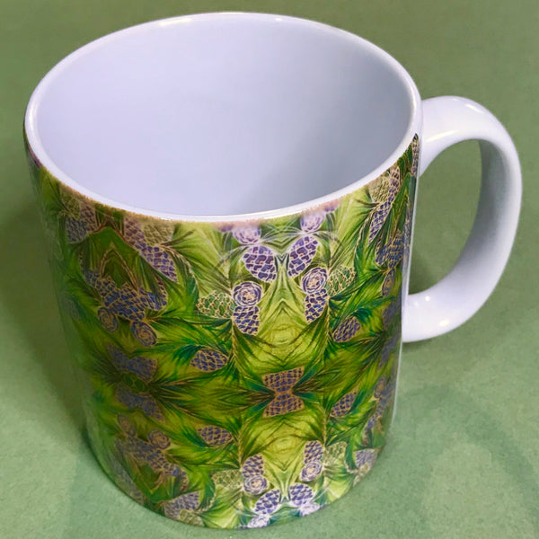 Moss Green Pine Cone Mug and Coasters - Green Mug Set - Kaleidoscope Pine Cones Mug Gift