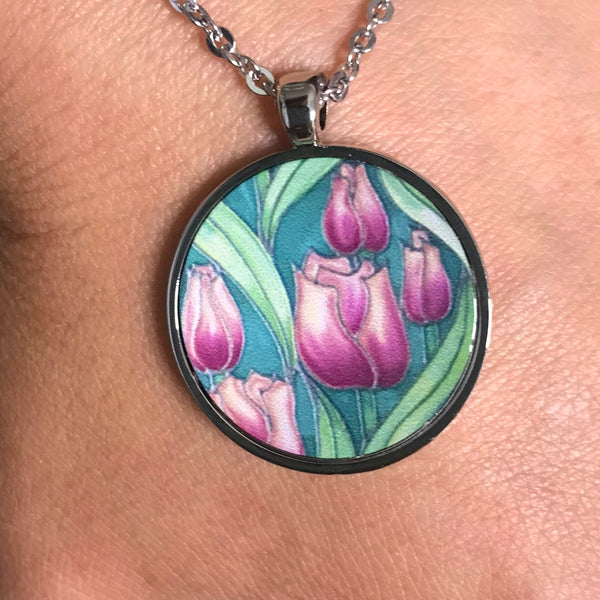 Beautiful Pink Tulips Necklace - Flower Necklace - Affordable gift
