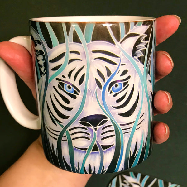 Majestic White Tiger  Mug in teal green aqua and white - Wildlife Lovers Mug Gift