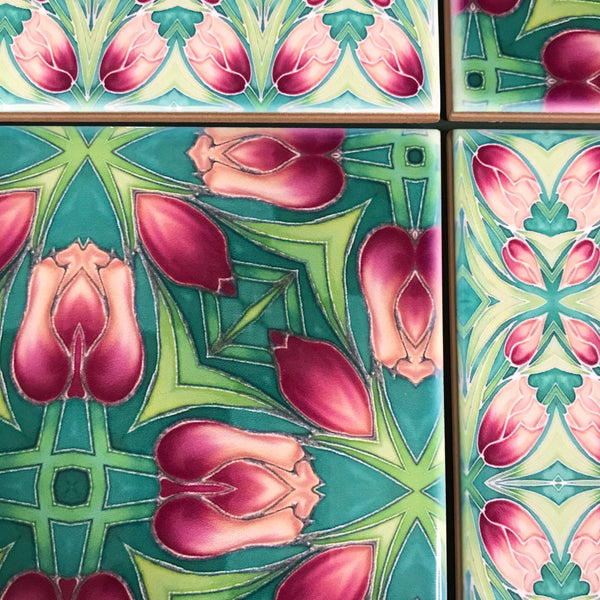 Pink Tulip Mixed Set of Bathroom Tiles - Arts and Crafts Look Bright Bohemian Kitchen Tiles
