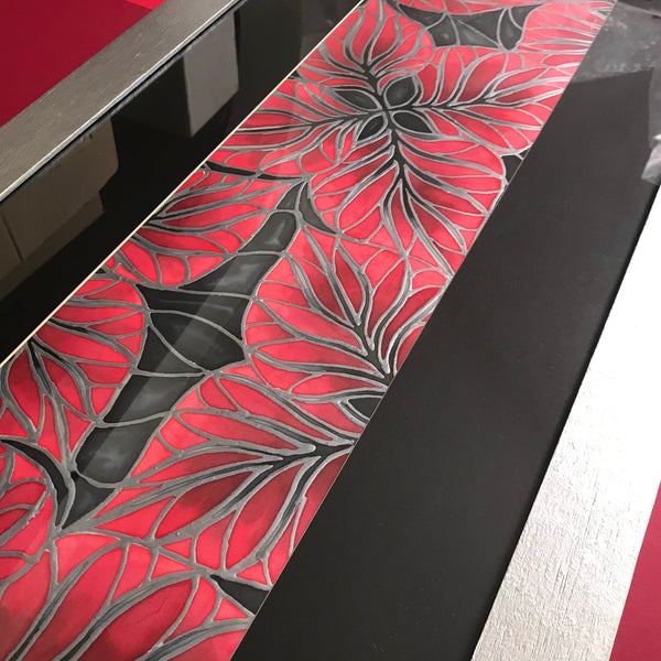 Red Black Silver Tropical Leaves Original Silk Painting - Hand-Painted Silk Art - Dramatic red black silver Art