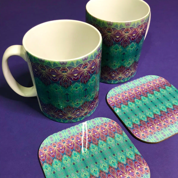 Persian Orchid Mug and Coaster Box Set or Mug only - Turquoise Purple Mug Set - Persian Orchid Mug Gift
