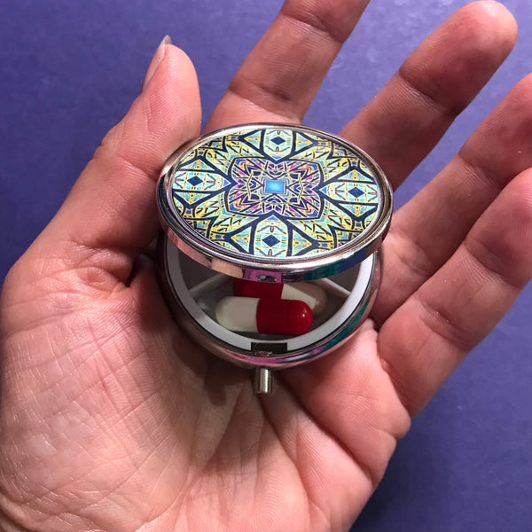 Contemporary Rose Window Pill Box - Bold Stained Glass Style Blue Round Box - Stud Earing Jewellery Box