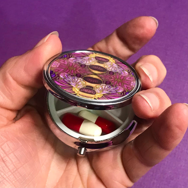 Pink Purple Honey Bee Compact Pill Box - Stud Earing Jewellery Box