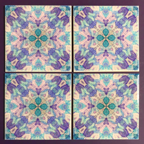 Pretty Stylised Flower Tiles - Lilac Turquoise Bohemian Ceramic Printed Tiles