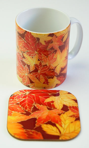 Autumn Leave Mug - Red Yellow Leaves Mug - Mug and coaster box set