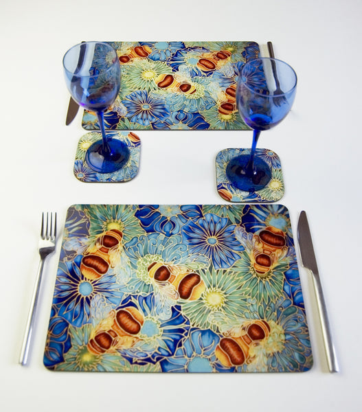 Bumble Bees and Flowers Placemats - Blue Green Table Mats - Honey Bee Tableware - Meikie Designs