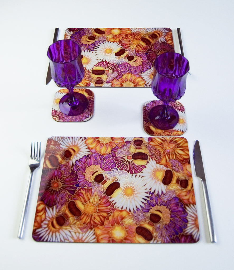 Bees and Flowers Place mats and Coasters - Table Mats with Bees - Bumble Bee Placemats - Meikie designs