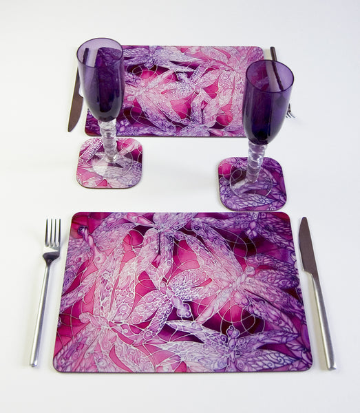 Dragonflies Placemats & Coasters - pink purple glass chopping boards - Round Table Mats