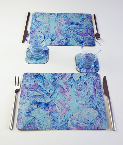 Table Mats Blue Butterflies - blue green turquoise placemats -  butterfly coasters tableware - glass chopping boards / counter savers, serving trays, mugs and mouse mats