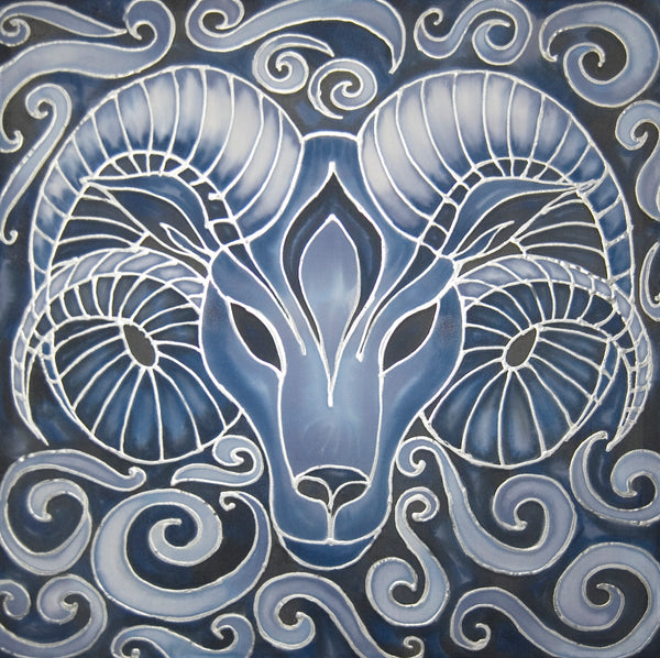 Blue Ram Original Silk Painting - hand painted silk Ram - contemporary blues and greys