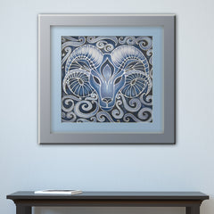 Blue Ram Original Silk Painting - hand painted silk Ram - contemporary blues and greys