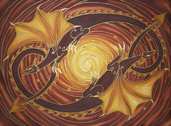 SOLD - Hand Painted on silk Hot Sun Dragons - Mythical Beasts Art