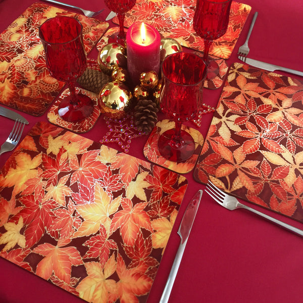 Horsechestnut Leaves Table Mats - Red Autumn Leaves Placemats, Red glass chopping boards